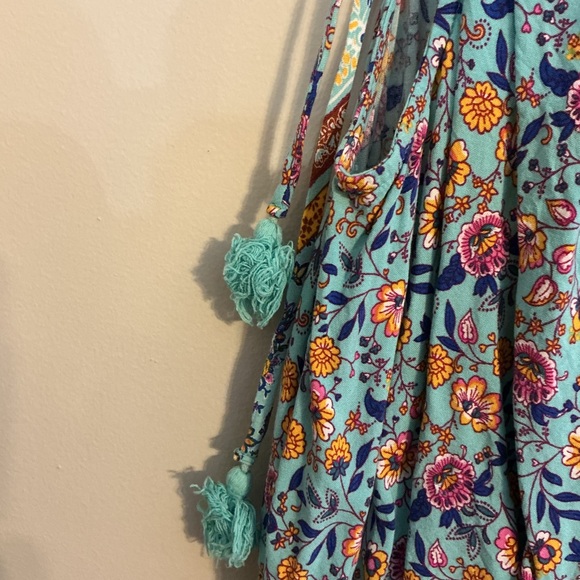 Bebop Boho Floral Sleeveless Romper | Turquoise Blue | Tassel Tie | Size Large - Picture 8 of 15